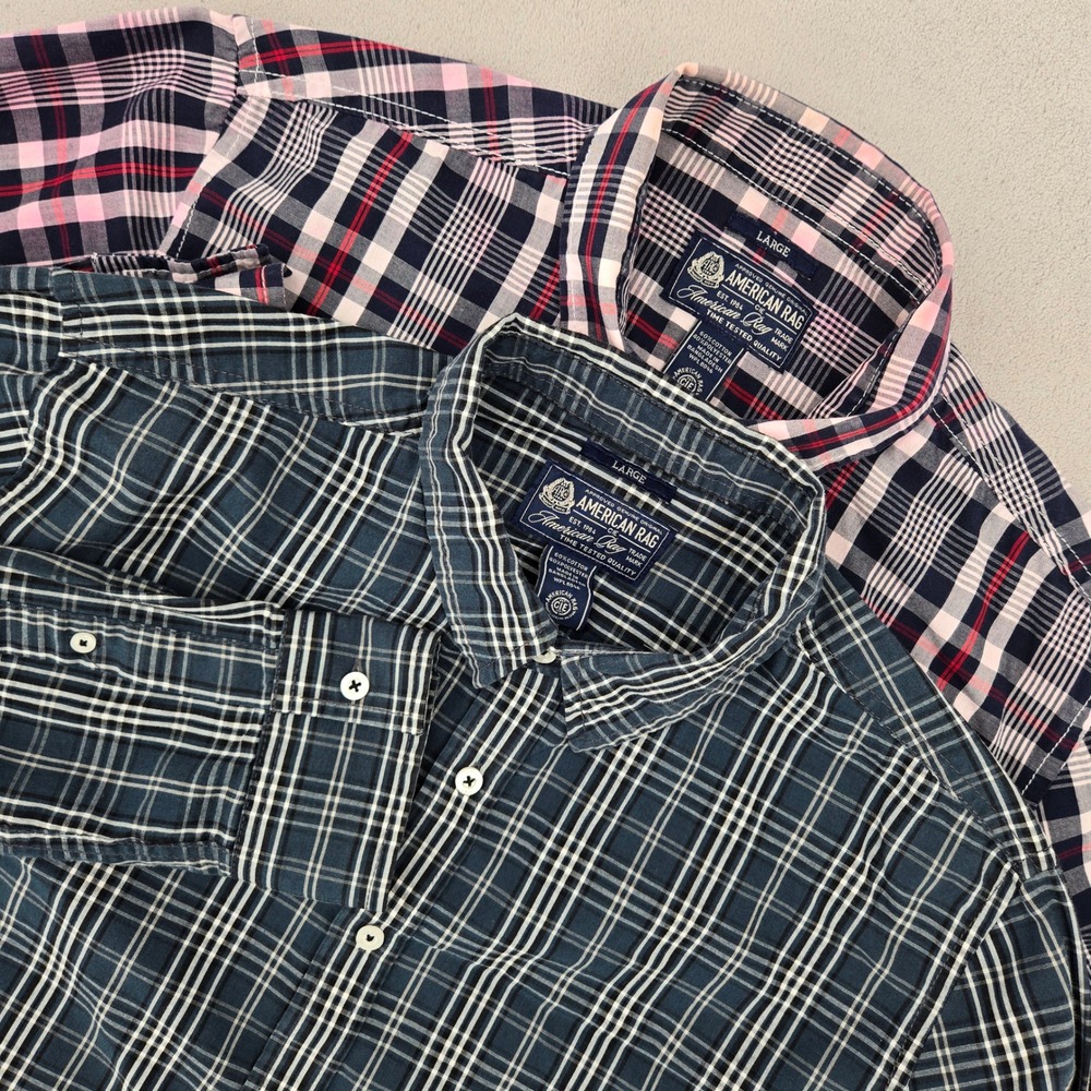 American Rag Mens Large 2-Pack Plaid Button Down Shirts Preppy Casual